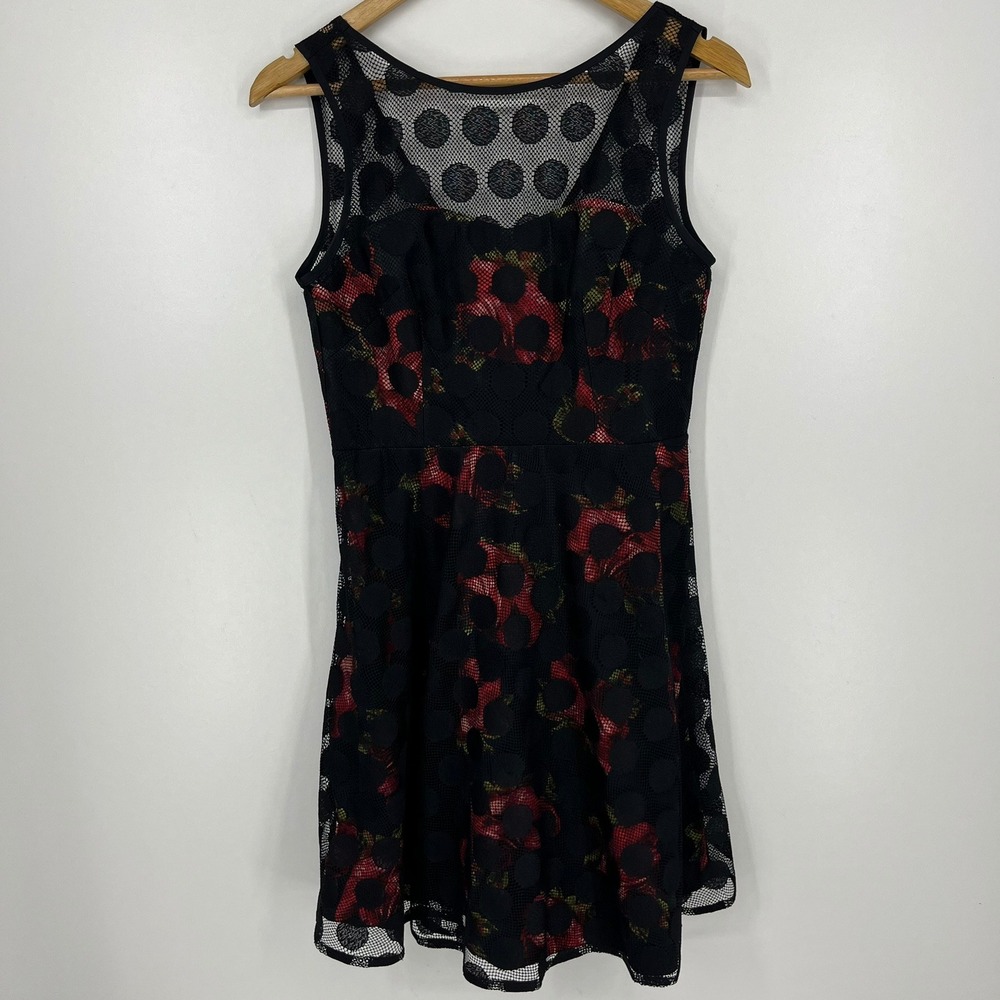 Betsey Johnson Womens Red Rose Floral Polka Dot Mesh Fit Flare Dress Size 4